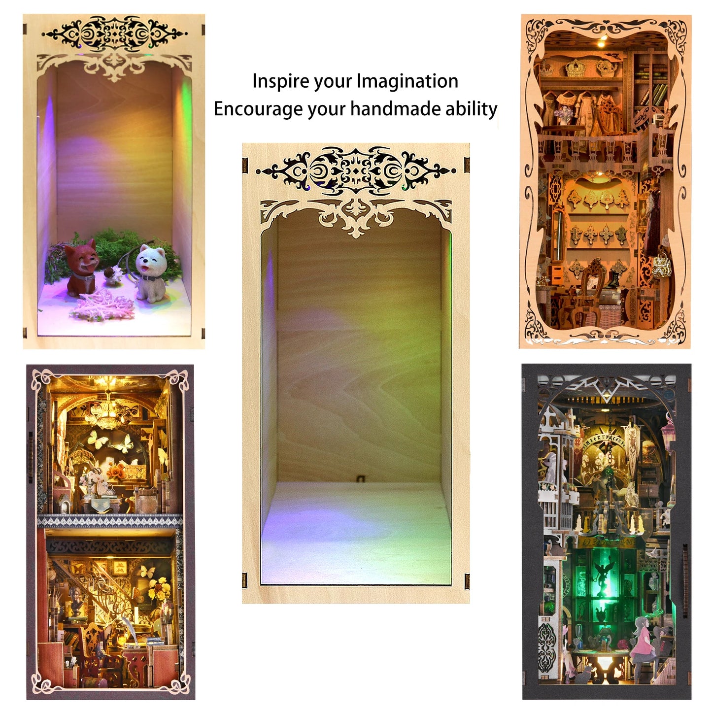 DIY Book Nook Shelf Insert Kit – "Freedom of Creation" Wooden Miniature Dollhouse Building Set, Bookend Bookshelf Home Decoration Craft Kit